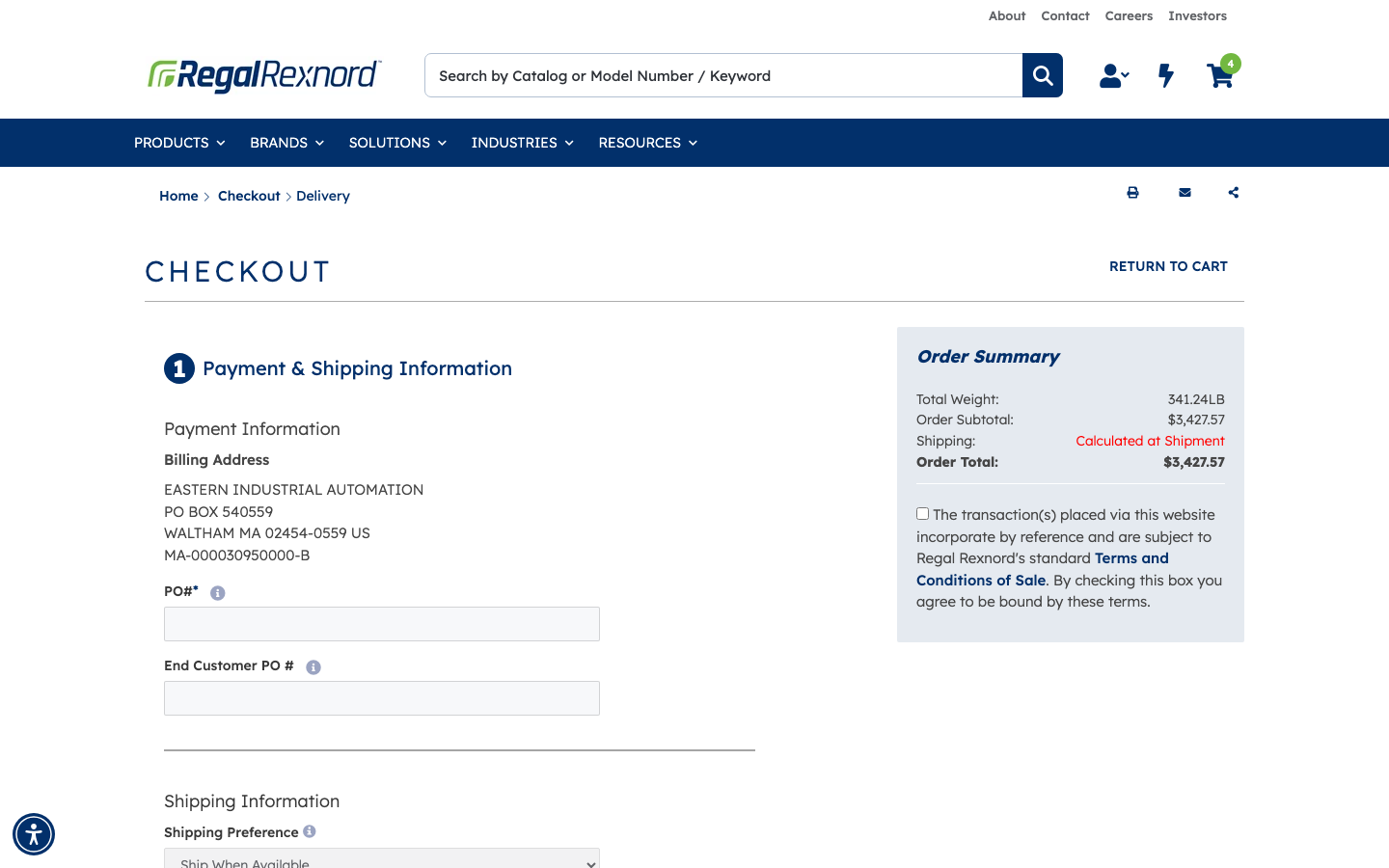 Checkout form with pre-filled billing address and order summary