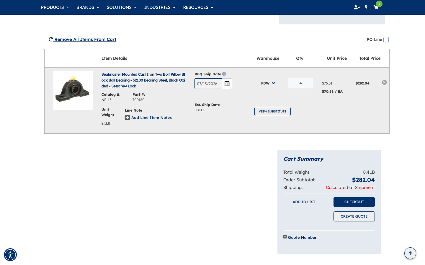 Line item showing quoted price of $70.51/EA with original $76.51 struck through — total $282.04