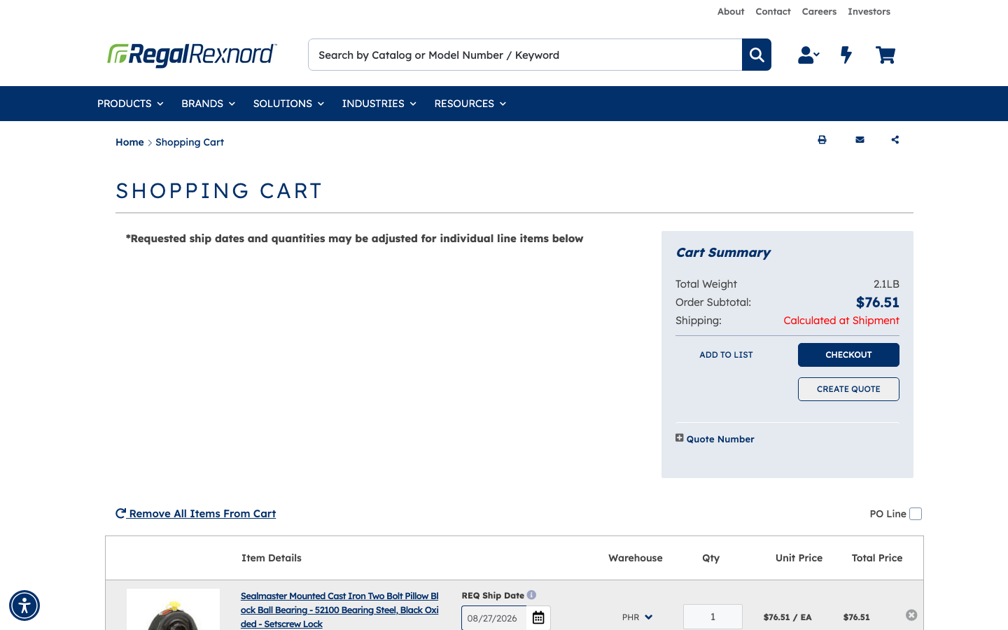 Shopping cart with the NP-16 line item and Cart Summary