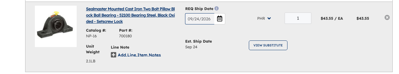 A single cart line showing the product image and description, catalog and part numbers, unit weight, Add Line Item Notes, the requested ship date picker, the warehouse selector, quantity, unit price, total price, estimated ship date and a VIEW SUBSTITUTE button