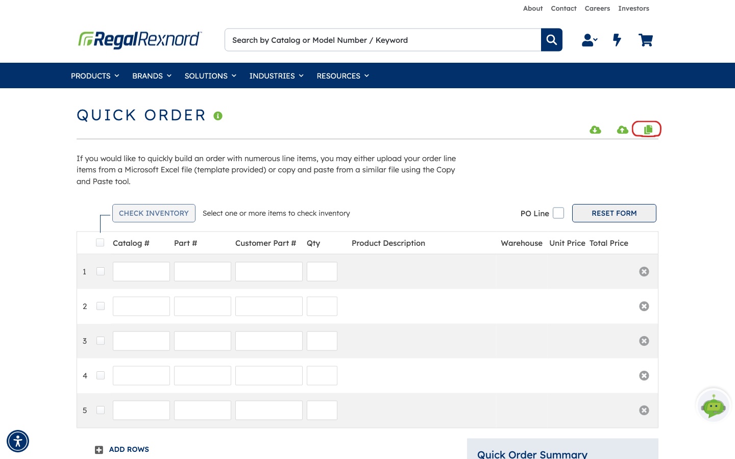 The Quick Order page with the Copy and Paste Editor icon outlined, to the right of the download and upload icons