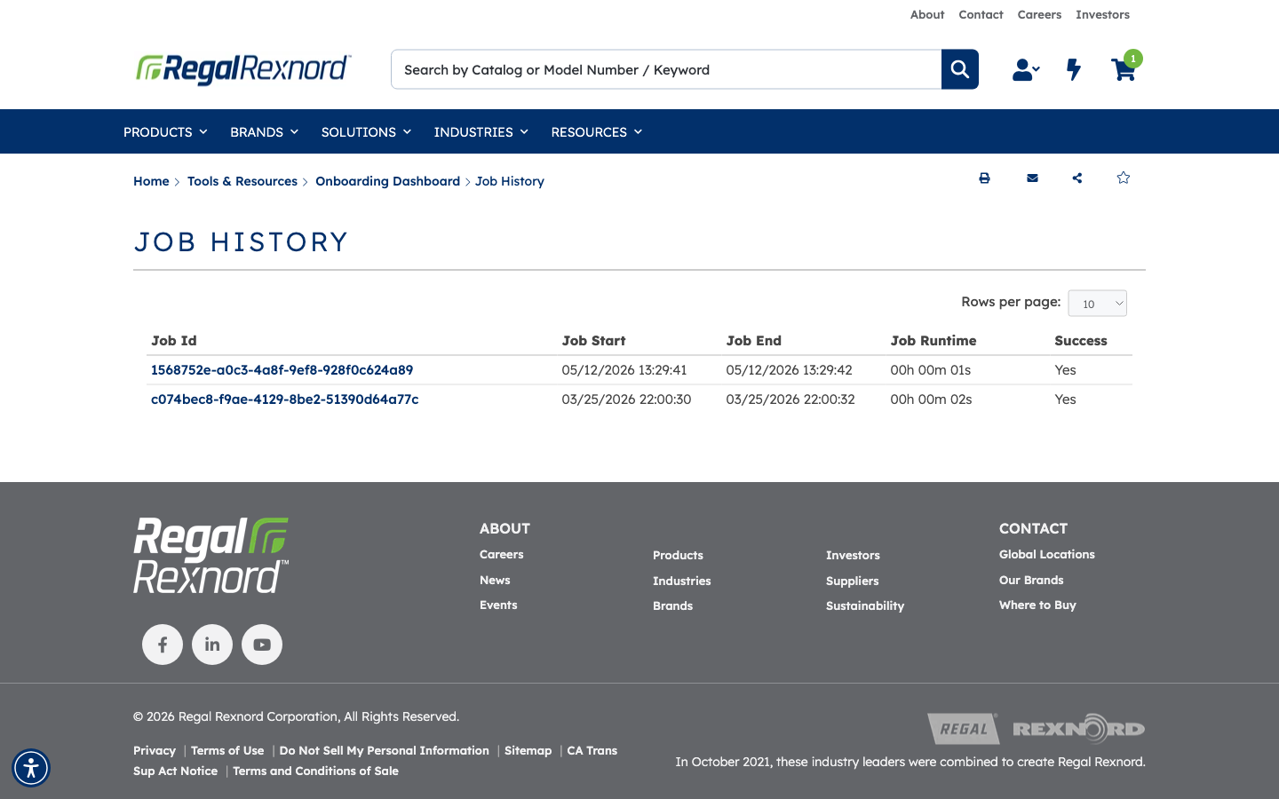 Job history with timestamps, runtime, and success status
