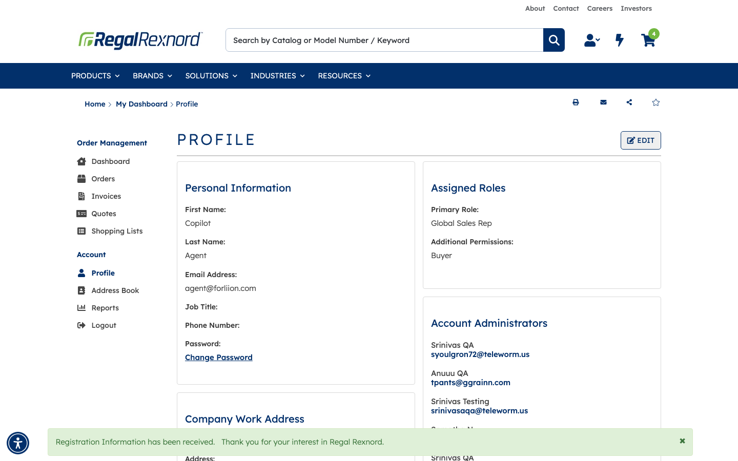 The confirmation banner after submitting the request