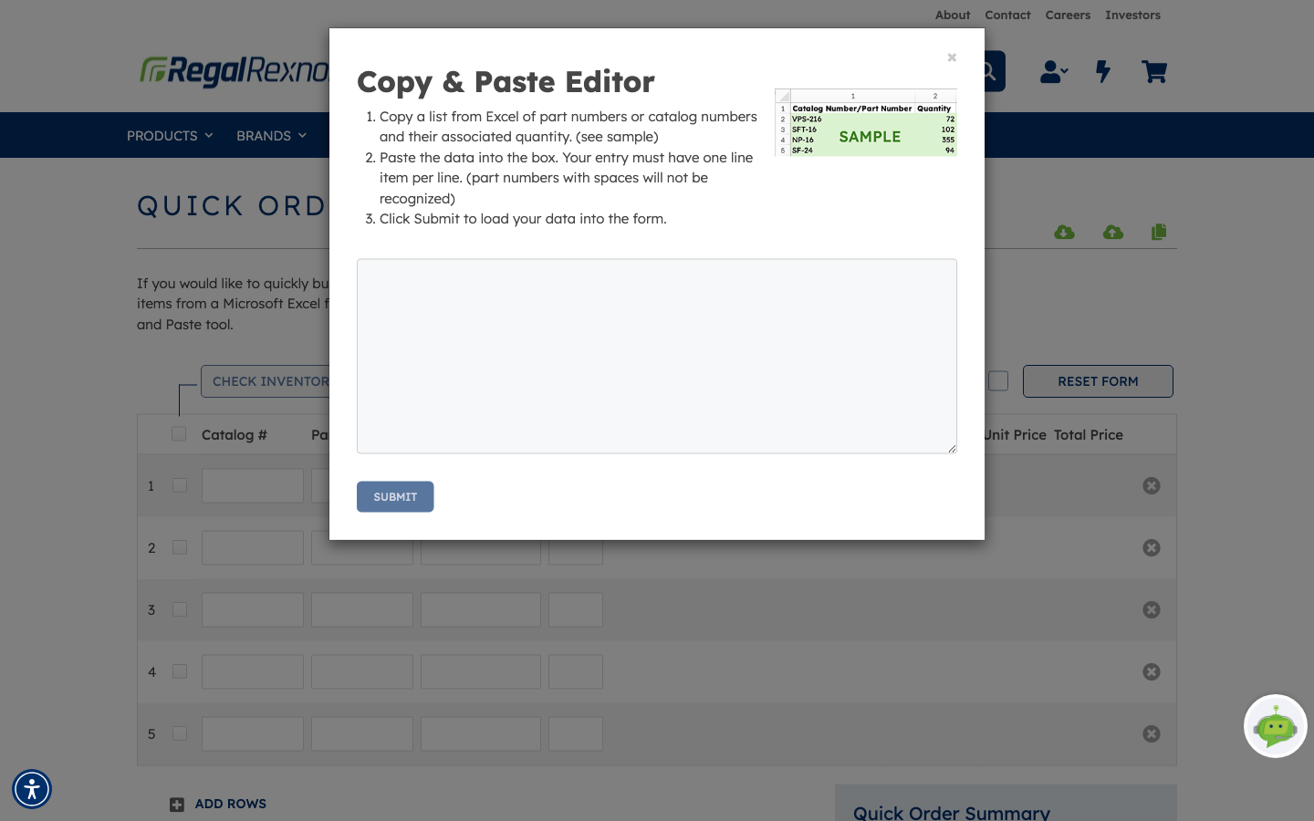 The Copy and Paste Editor open over the Quick Order page, showing three numbered instructions, a sample spreadsheet image, an empty text box and a SUBMIT button