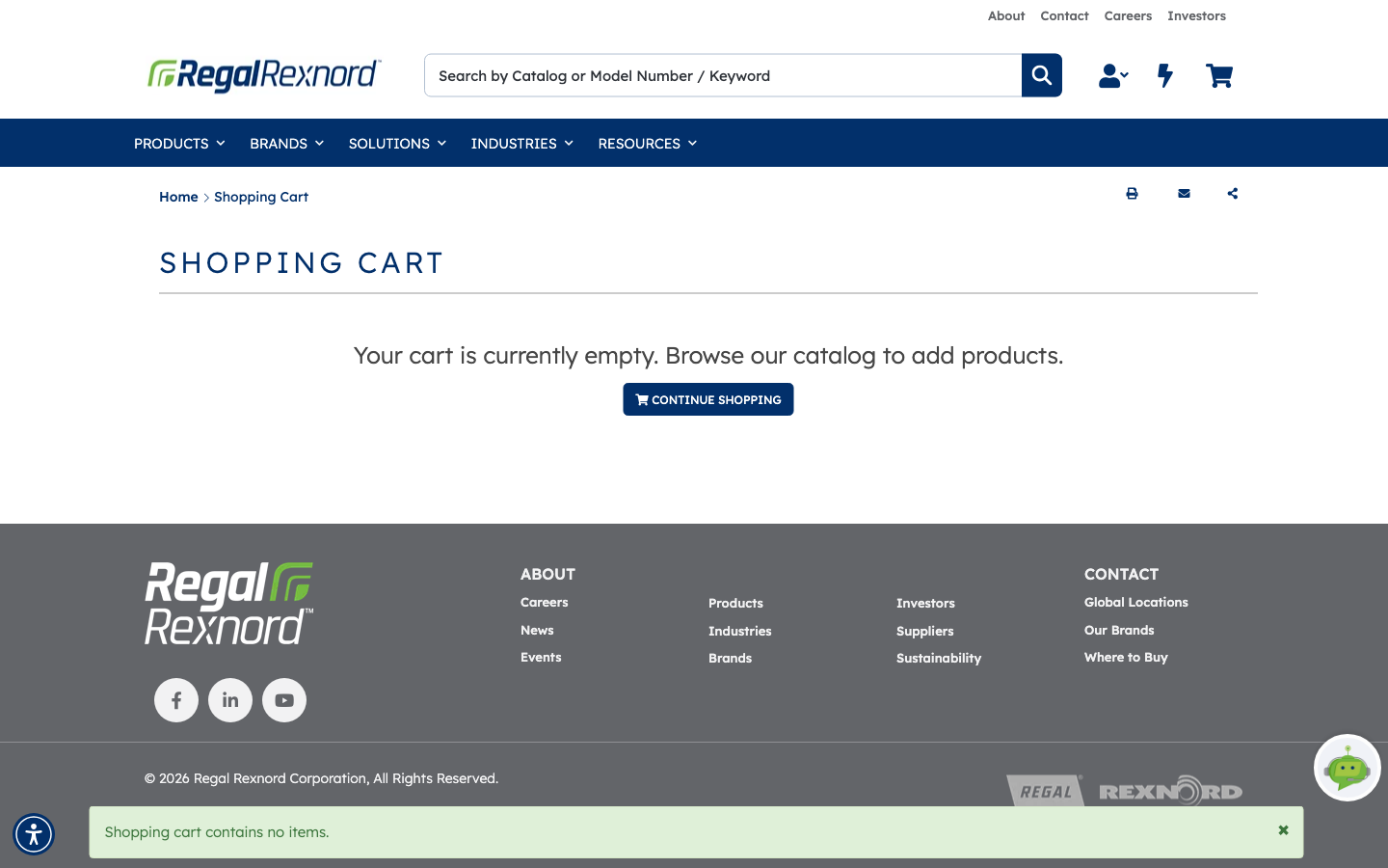 The Shopping Cart page after the order was submitted, reading Your cart is currently empty with a CONTINUE SHOPPING button and a message saying the shopping cart contains no items