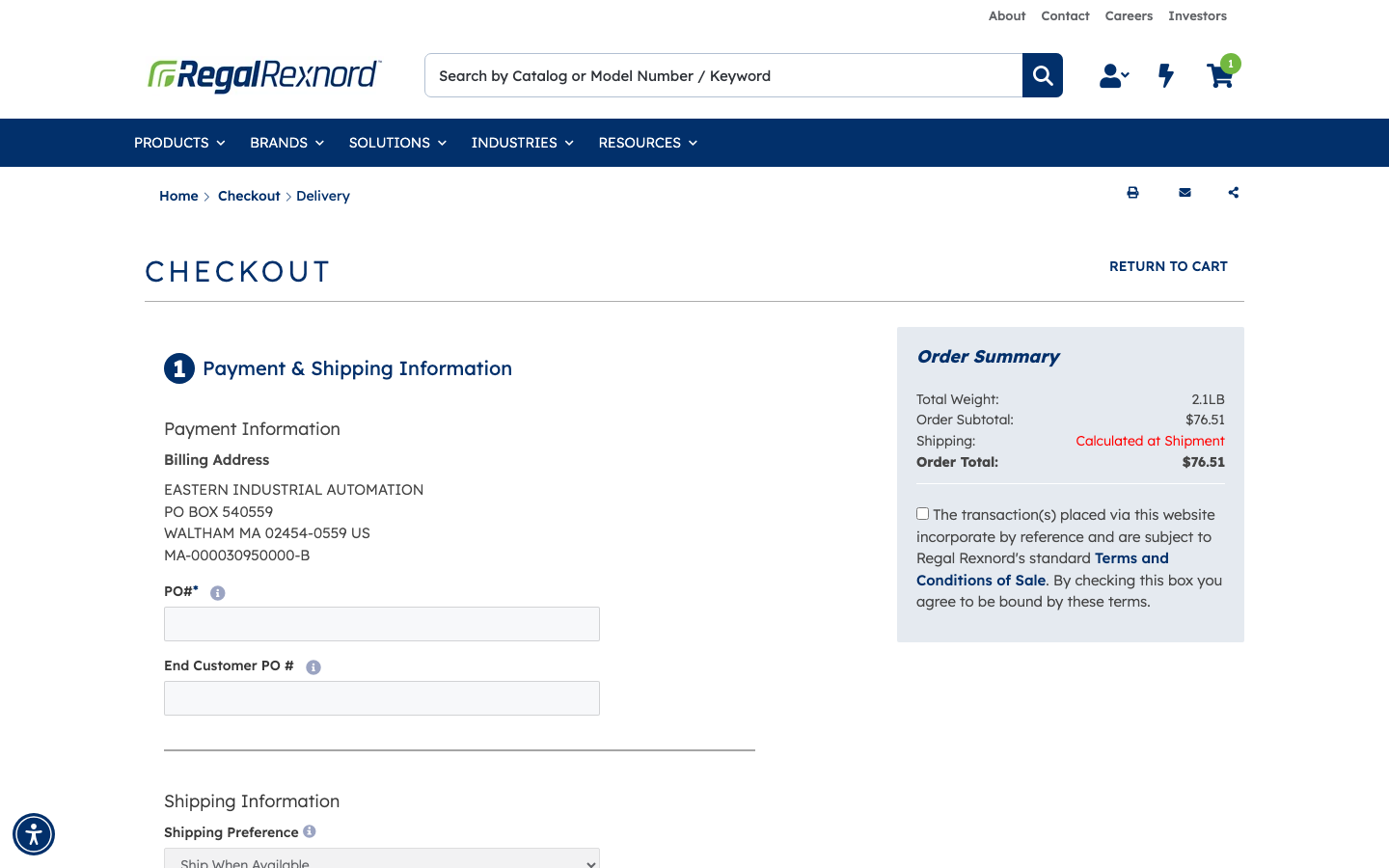 Checkout delivery step with payment information and order summary
