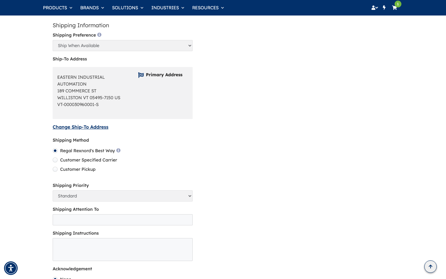 Checkout shipping information with primary ship-to address and shipping method