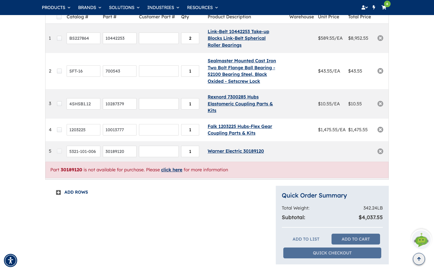 The Quick Order grid filled from the Copy and Paste Editor, with all five parts resolved, the unavailable part flagged, and the Quick Order Summary showing total weight and subtotal