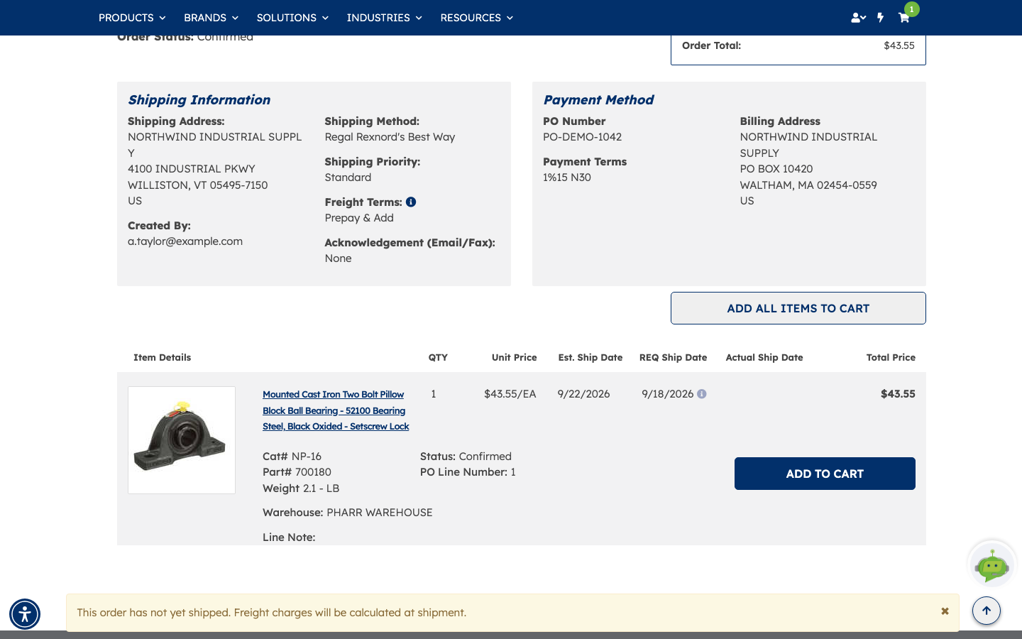 The line items section of the Order Detail page showing the product, quantity, unit price, estimated and requested ship dates, total price, catalog and part numbers, line status, PO line number, warehouse, and ADD TO CART buttons