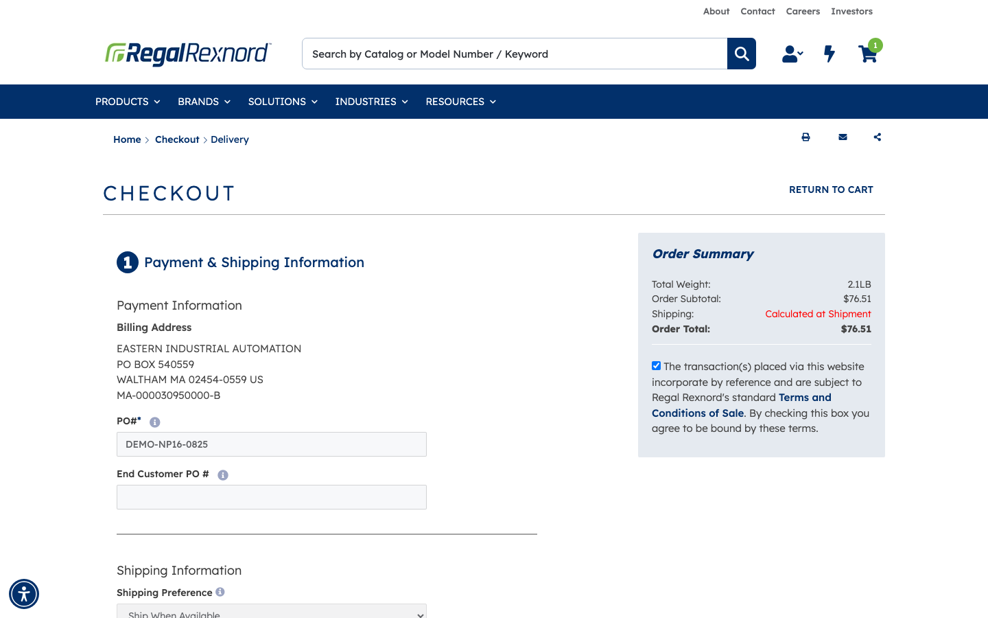 Checkout with PO number entered and terms accepted