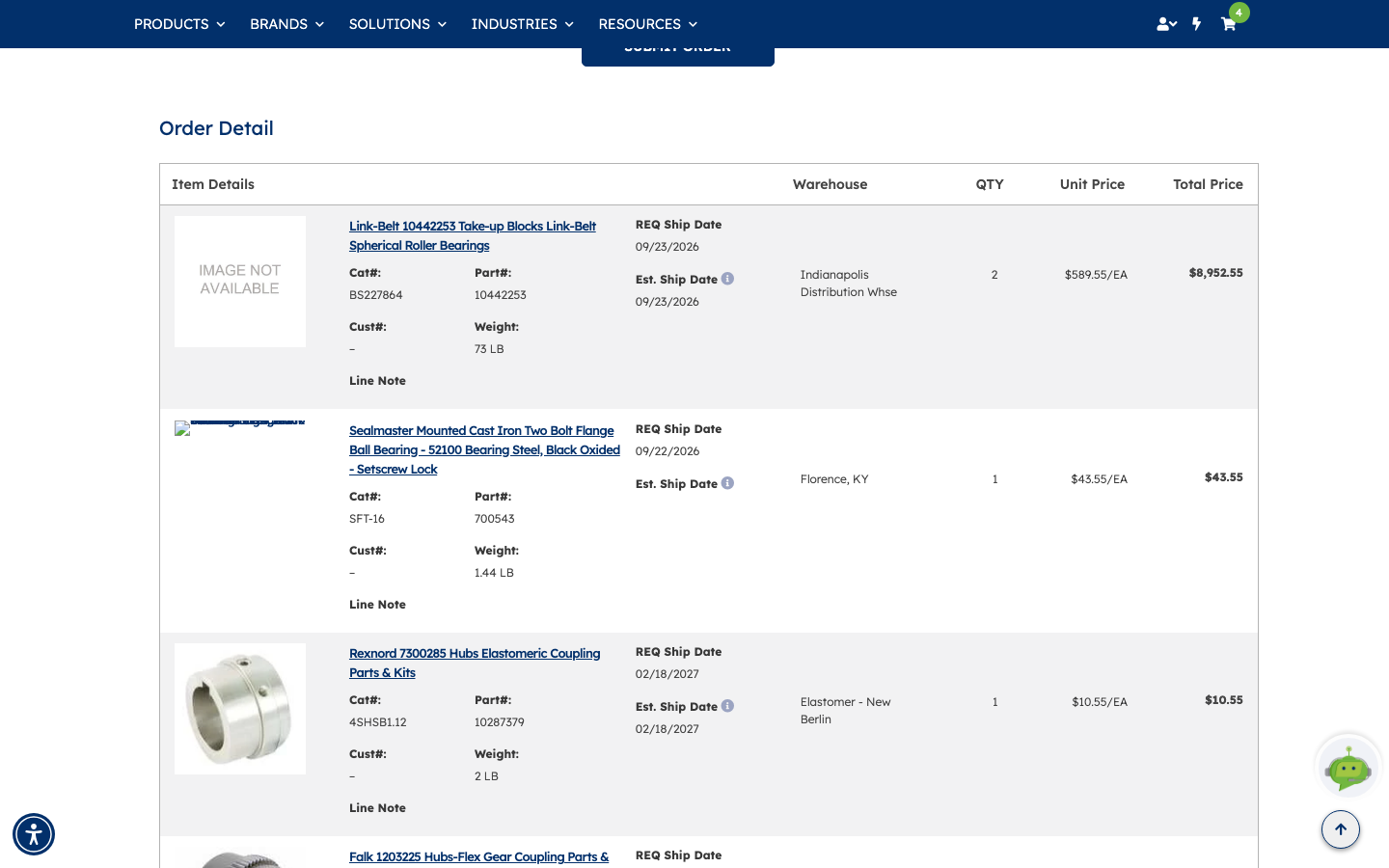 The Review Order step showing the terms and conditions tick box, the SUBMIT ORDER button, and the Order Detail list with catalog and part numbers, ship dates, warehouse, quantity and pricing for each line