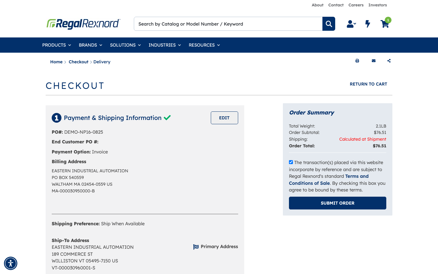 Checkout review with confirmed payment and shipping details and SUBMIT ORDER enabled