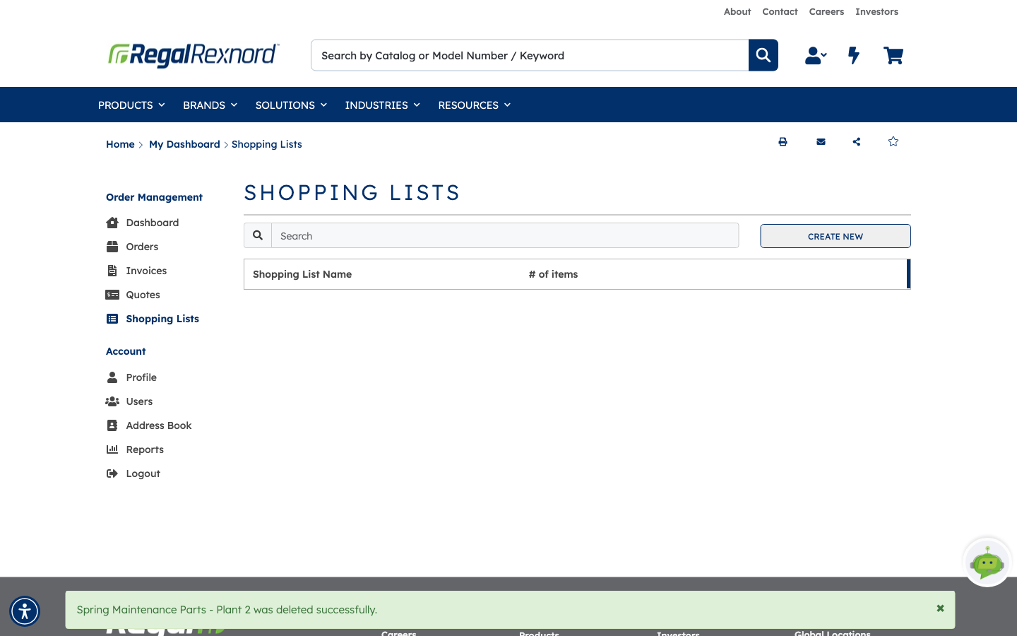 The Shopping Lists page after deleting
