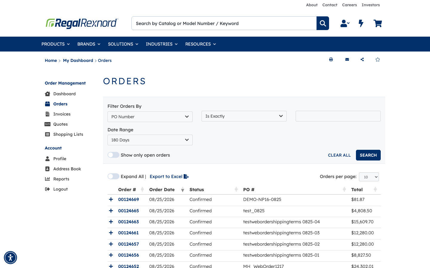 Order history listing order 00124669 at the top
