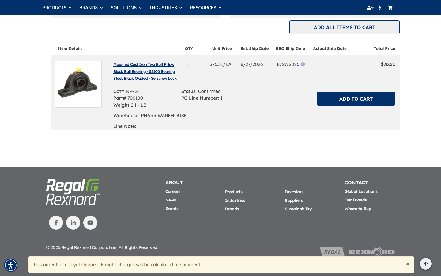 Order 00124669 line item showing NP-16 quantity 1 at $76.51